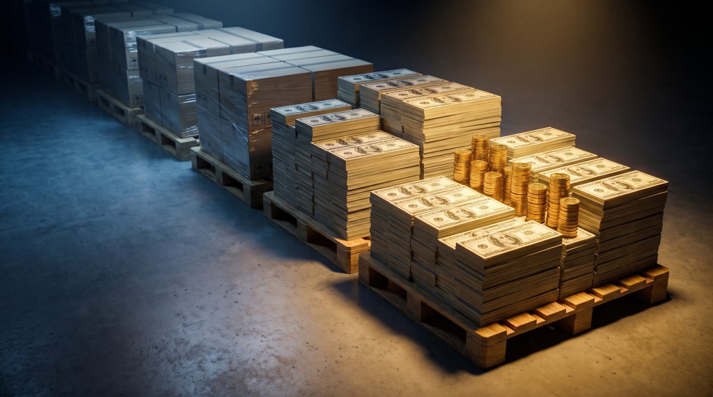 Pallet in un magazzino: sullo sfondo scatole di merce, in primo piano pile di banconote da cento dollari e monete d'oro
